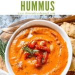 Pin image of Hummus with Red Pepper in a bowl with title at top