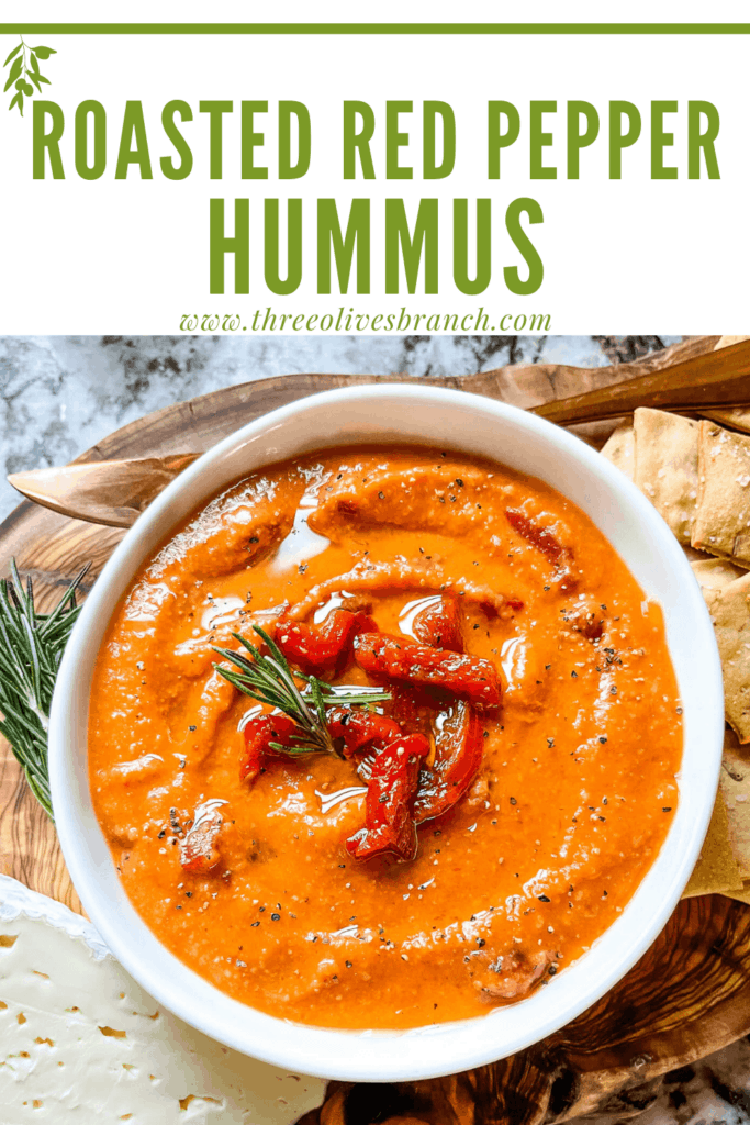 Pin image of Hummus with Red Pepper in a bowl with title at top