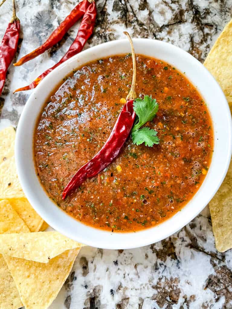 The salsa in a white bowl with a pepper and chips around it