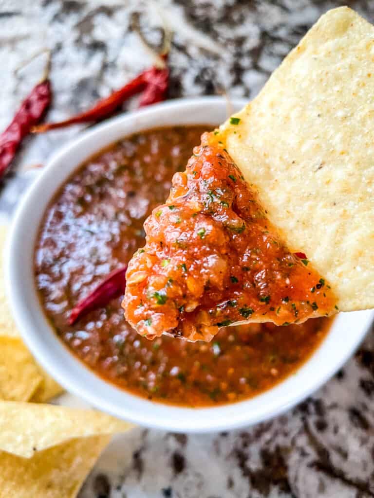 Close up of Salsa Chile de Arbol on a chip