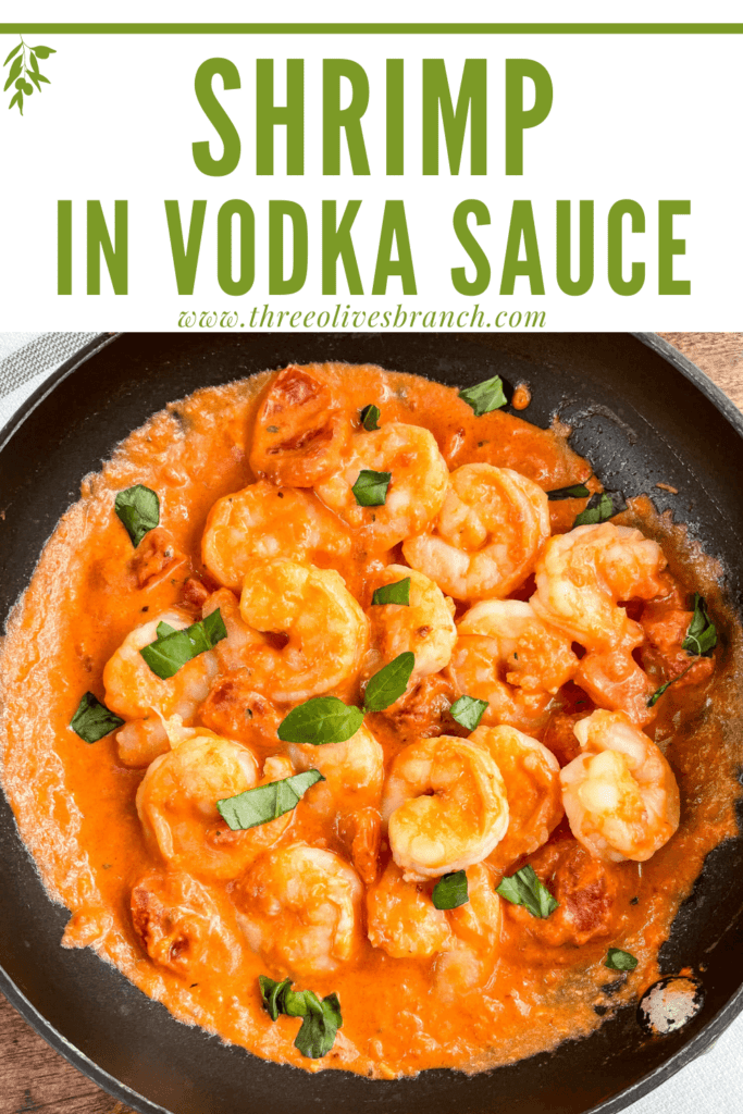 Pin image of Shrimp in Vodka Sauce in black bowl with title at top