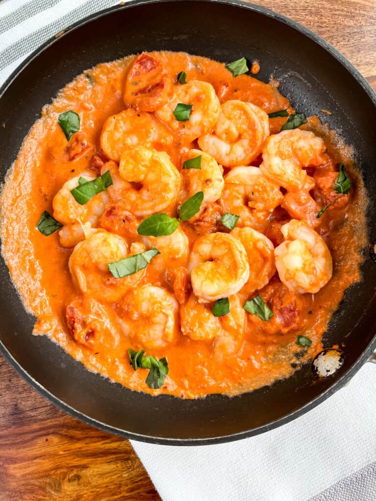 Shrimp in Vodka Sauce in a skillet top view