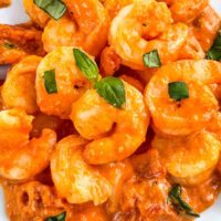 Close view of Shrimp in Vodka Sauce in a pile on a white plate