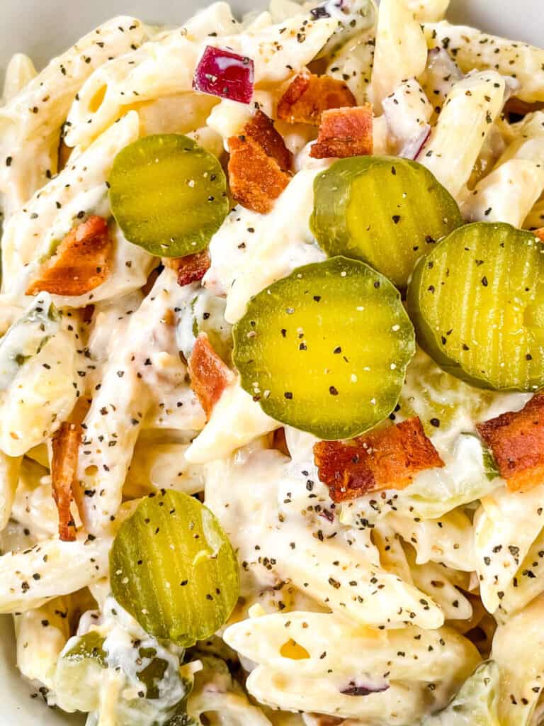 A close up of the Dill Pickle Pasta Salad with Bacon