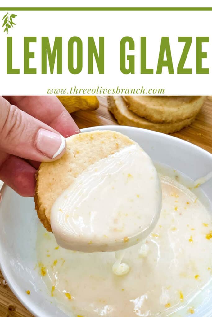 Pin image of a cookie being dunked into Lemon Glaze with title at top