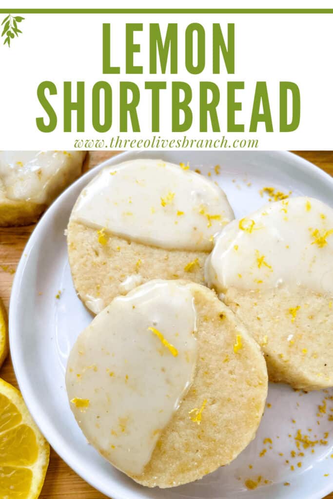 Pin image of Lemon Shortbread with glaze on a plate and title at top