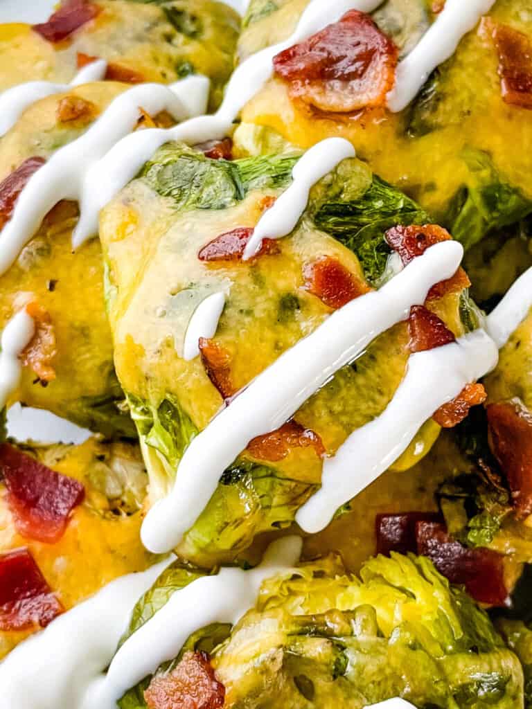 Close up of a Loaded Smashed Brussels Sprouts in a pile