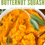 Pin image for Mashed Butternut Squash in a bowl from the top with title at top