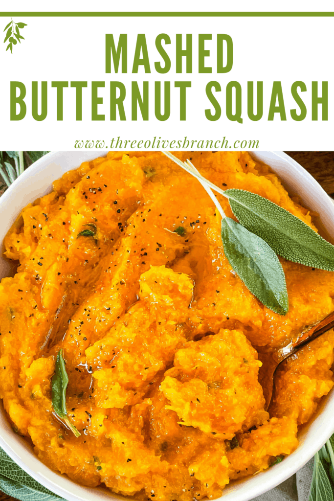 Pin image for Mashed Butternut Squash in a bowl from the top with title at top