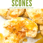 A close up of a torn Peach Scone with title at top