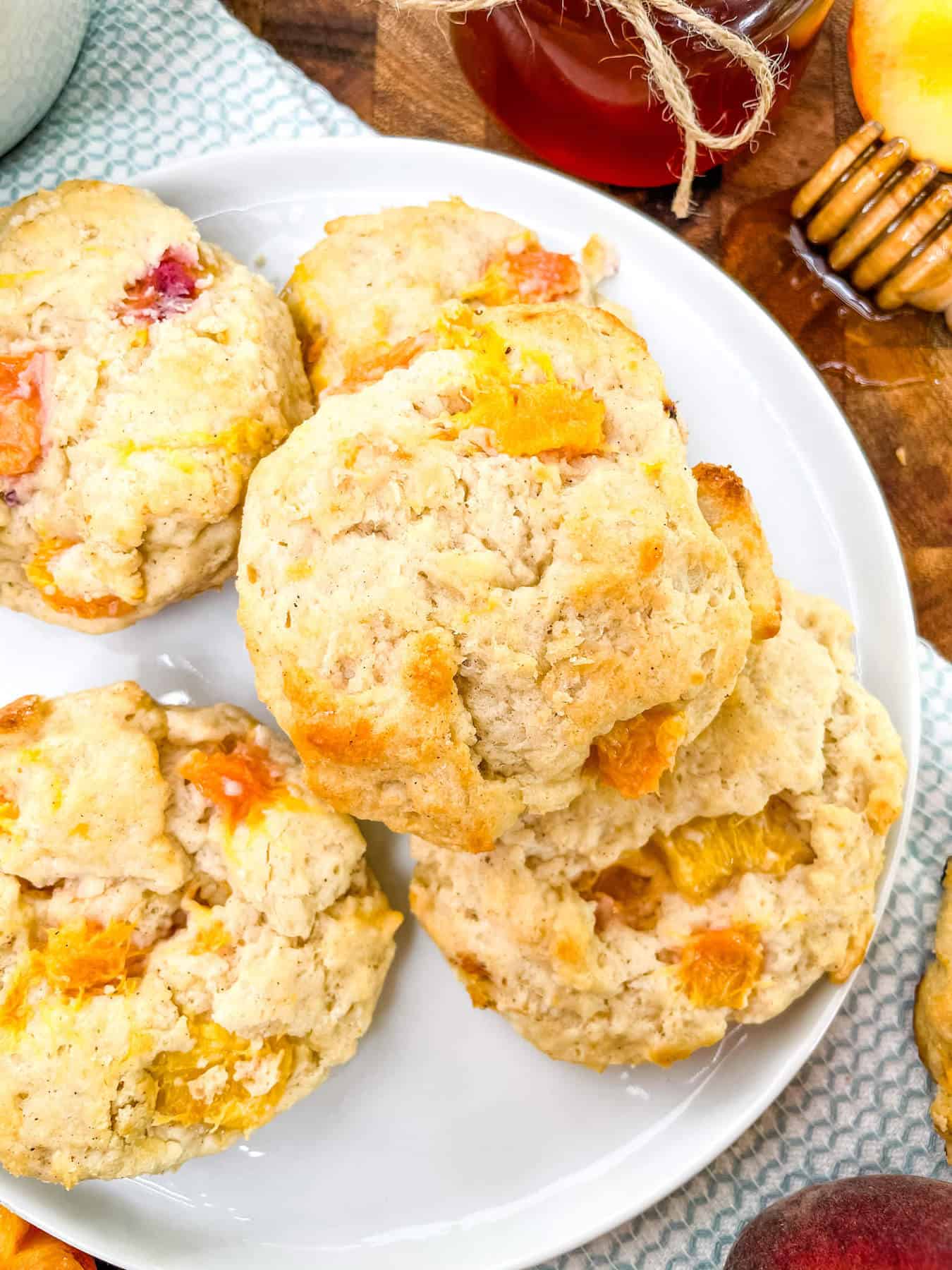 Top view of Peach Scones on a white round plate
