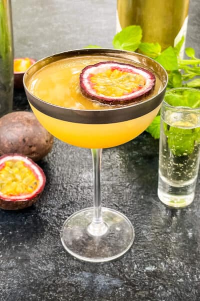 A coupe glass of the passion fruit cocktail
