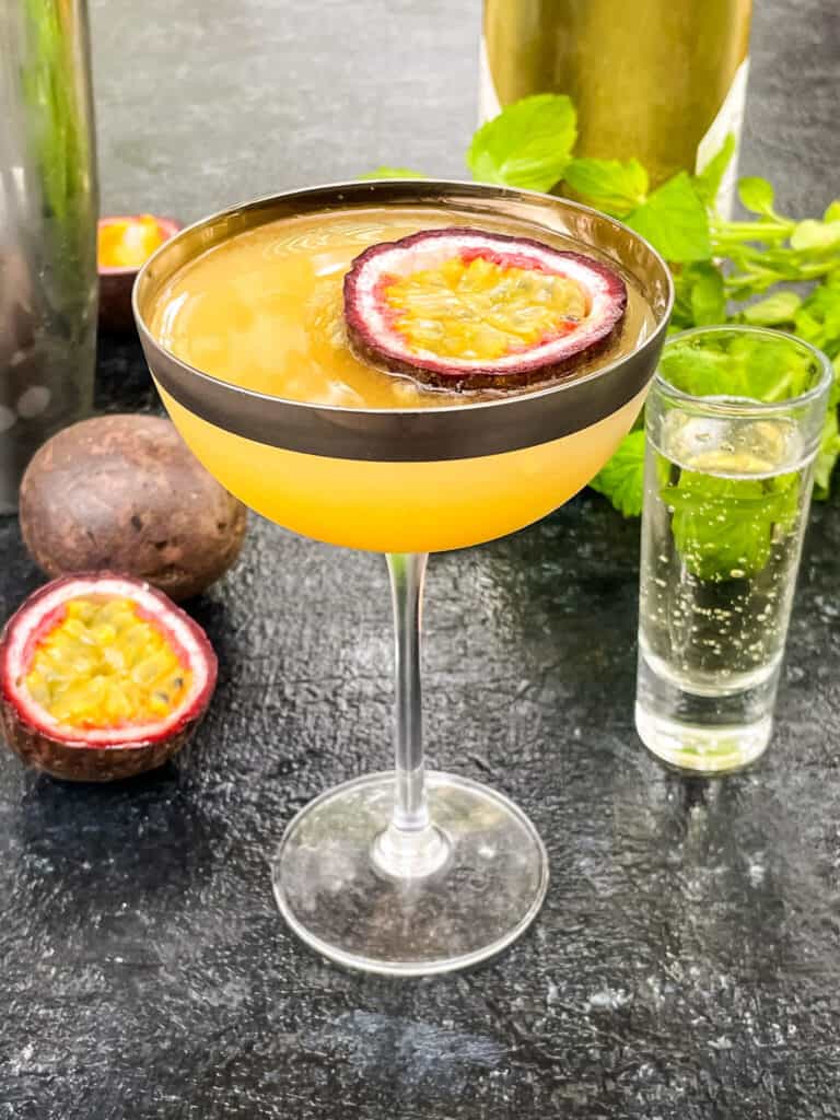 A coupe glass of the passion fruit cocktail