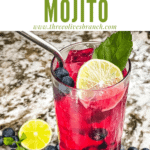 Pin image of bright pink Blueberry Mojito with title at top