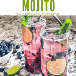 Pin image of Blueberry Mojito in glasses with title at top