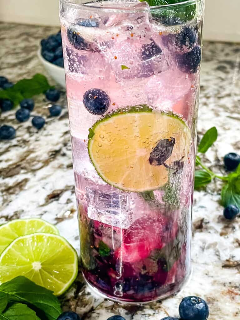 Close up of the Blueberry Mojito in a glass