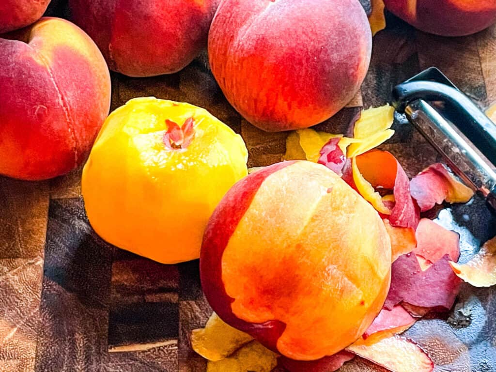 Close up of peeled peaches