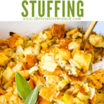 Pin image of a spoon scooping Onion and Sage Stuffing (Dressing) with title at top