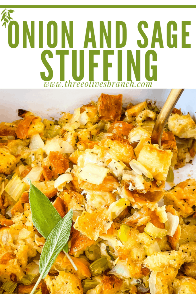 Pin image of a spoon scooping Onion and Sage Stuffing (Dressing) with title at top