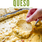 Pin image of a hand dunking a chip into Smoked Queso with title at top