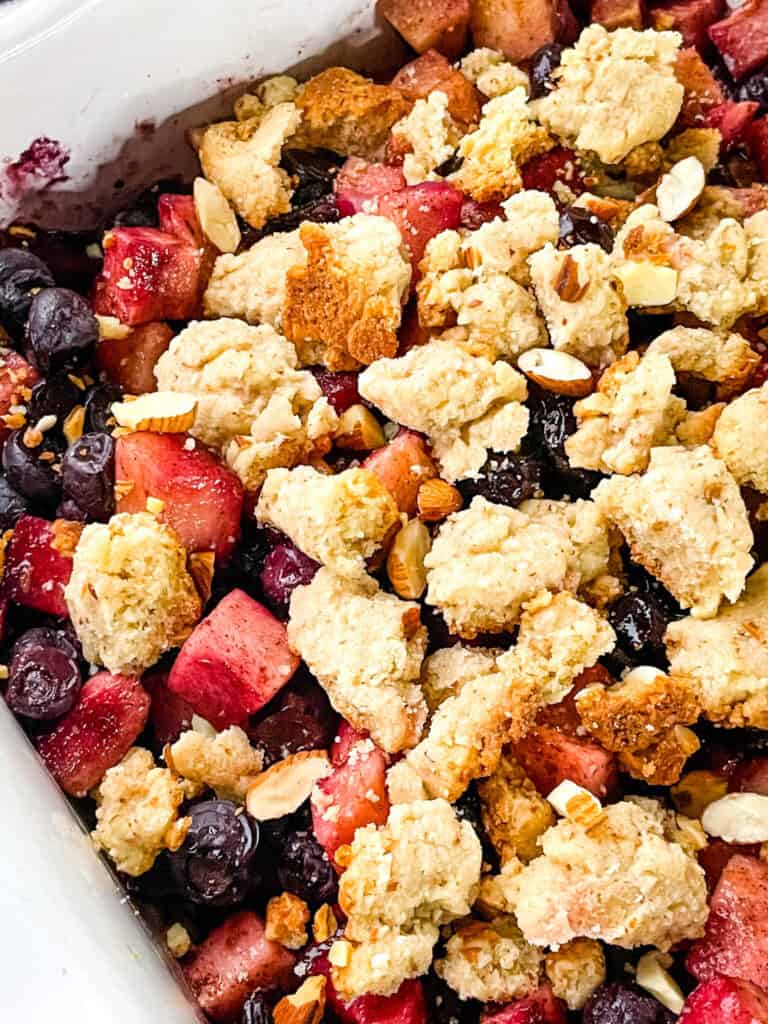 Close up of the crumble on top of the fruit