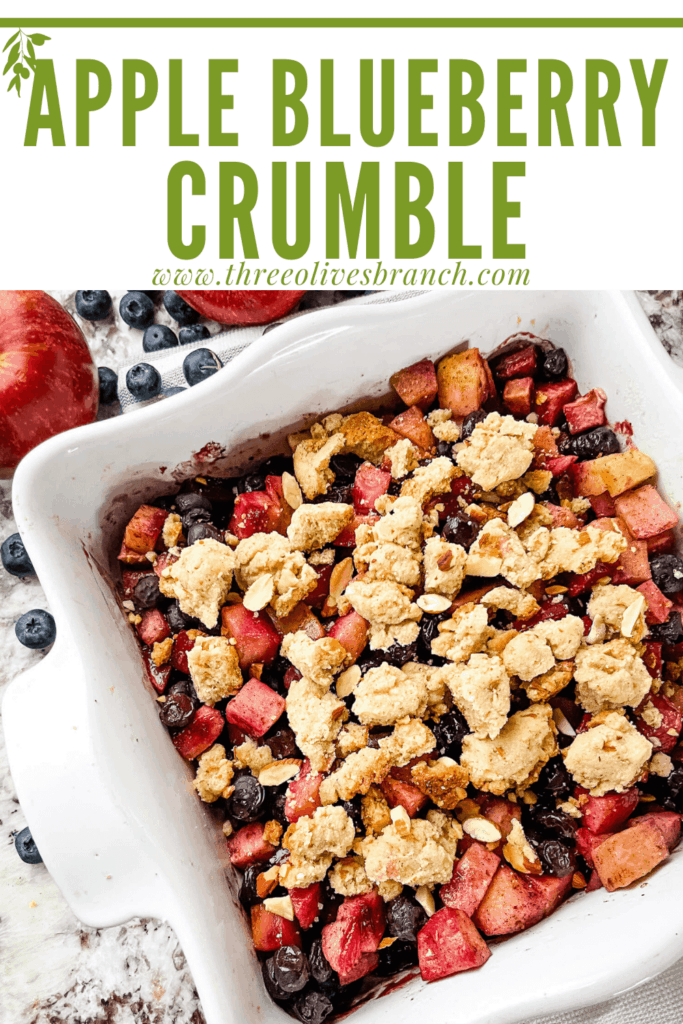 Pin image for top view of Apple and Blueberry Crumble in a white square dish