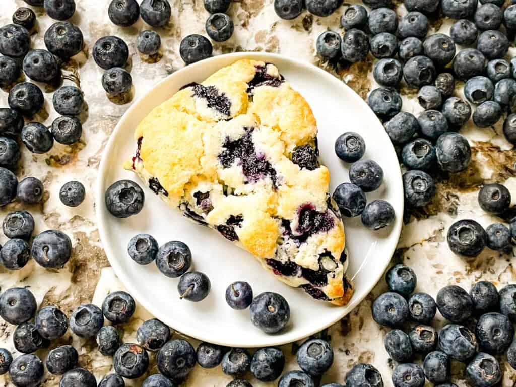 A blueberry scone on a plate with fruit around it