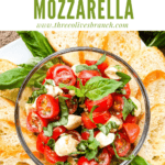 Pin image of Bruschetta with Mozzarella (Caprese Bruschetta) on a serving platter with title at top