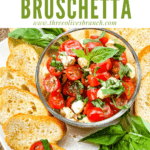 Pin image for Bruschetta with Mozzarella (Caprese Bruschetta) with the mixture in a bowl and crostini on plate with title at top