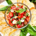 A bowl of the topping with bread and basil around it on a plate