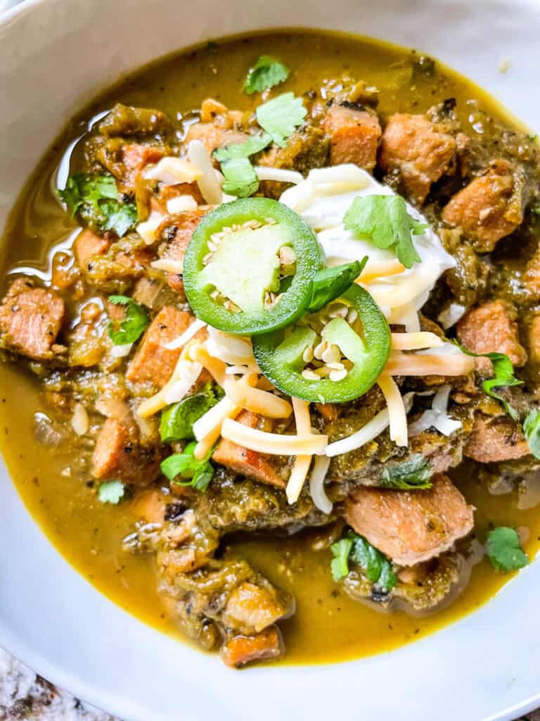 Top view of a bowl of Hatch Pork Green Chili