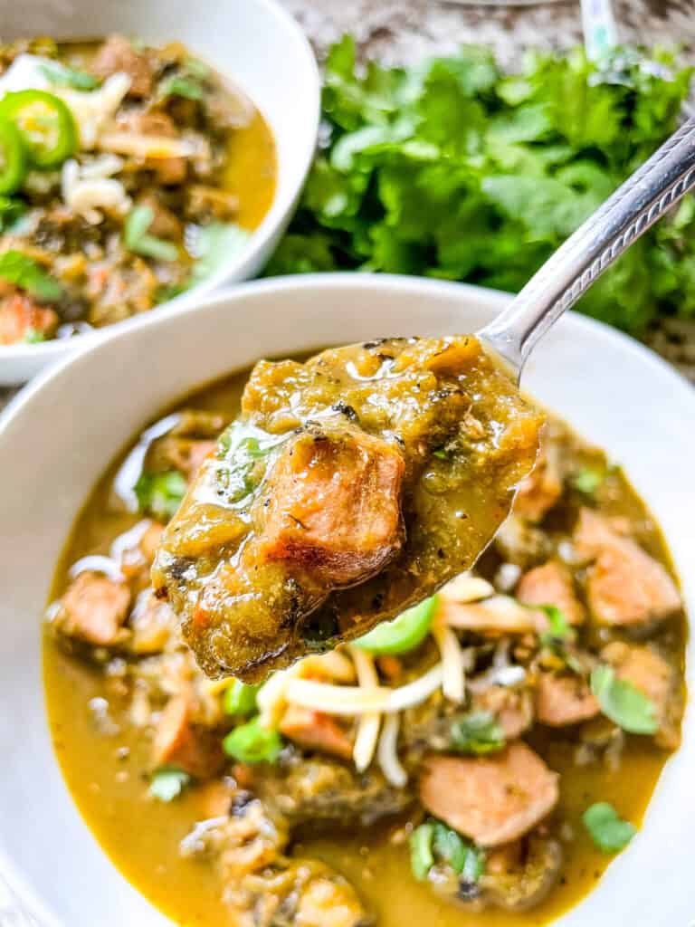 A spoon of Hatch Pork Green Chili over the bowl