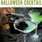 Pin image of a hand pouring the black poison into a green Poison Apple Halloween Cocktail with title at top