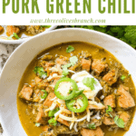 Pin image top view of Hatch Pork Green Chili in a bowl with title at top