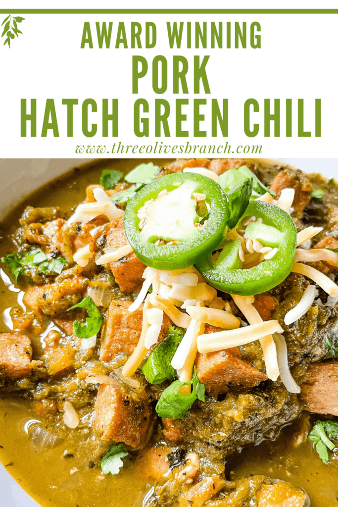 Pin image close up of Hatch Pork Green Chili with title at top