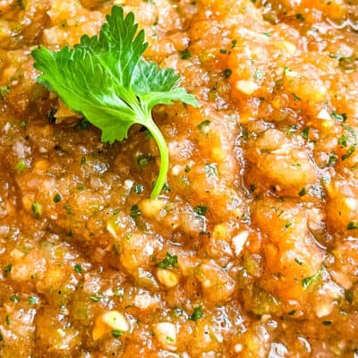 Close up of Ranchera Salsa with a cilantro leaf on top