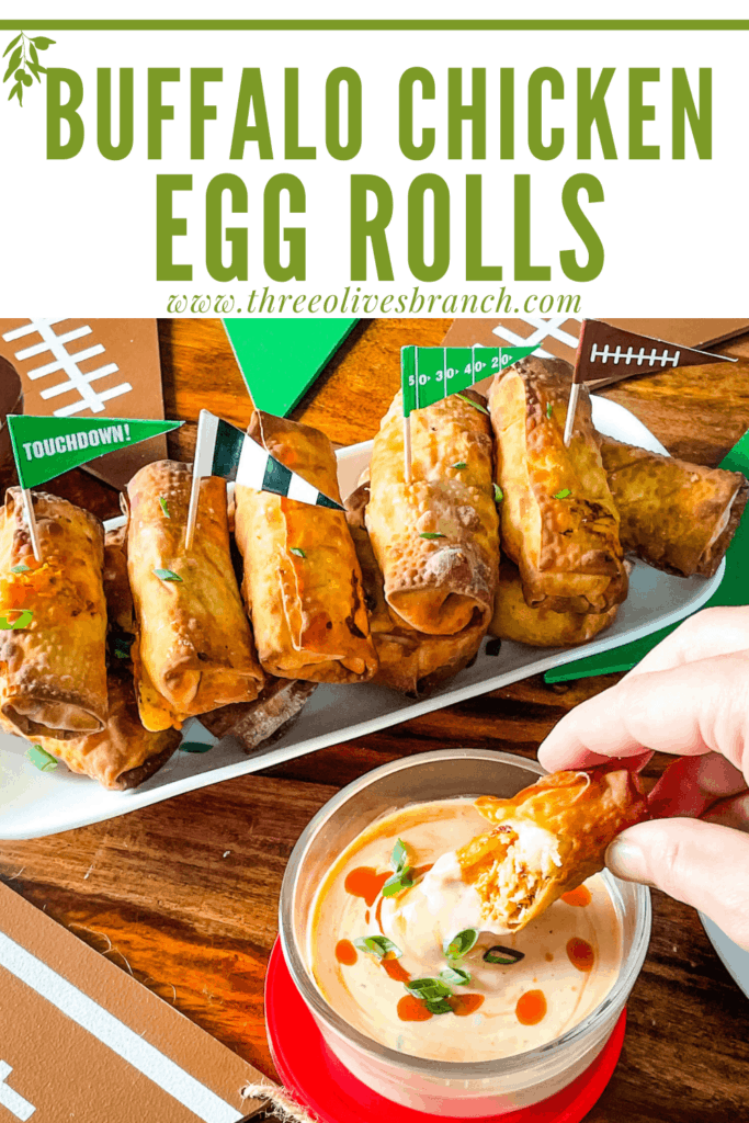 Pin image for Buffalo Chicken Egg Rolls with title at top