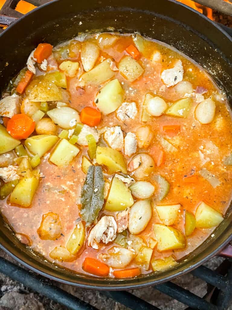 Top view of the vegetables cooking in the liquid