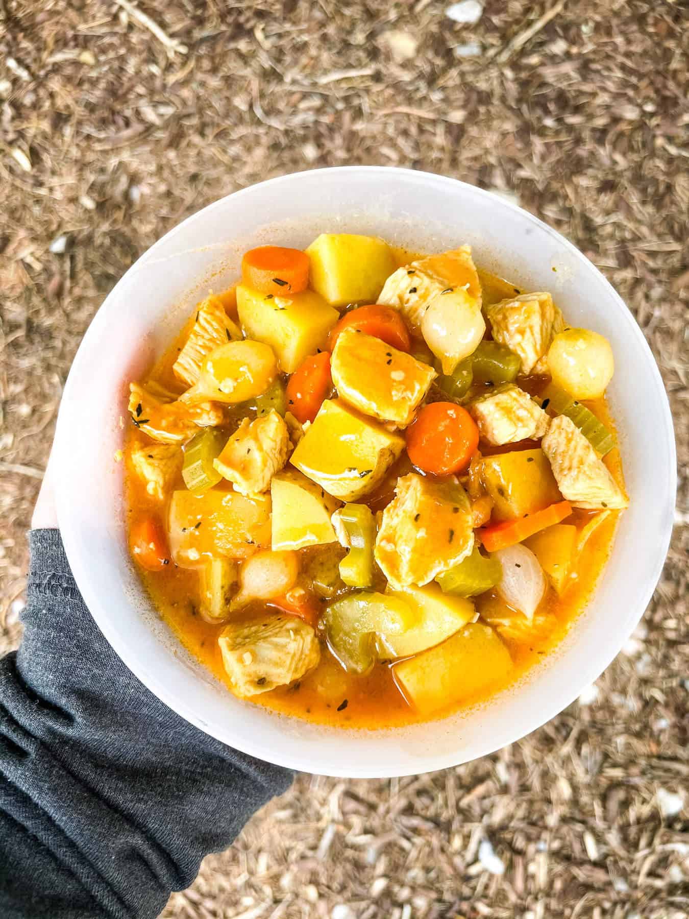 A hand holding a bowl of Chicken Campfire Stew from the top view