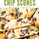 Pin image for Chocolate Chip Scones Recipe inside of scones with title at top