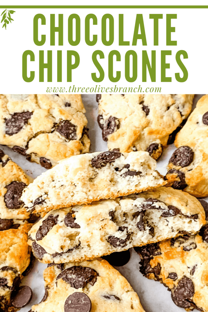 Pin image for Chocolate Chip Scones Recipe inside of scones with title at top
