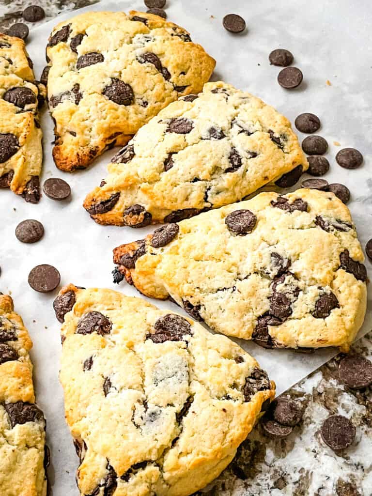 Chocolate Chip Scones lined up on parchment