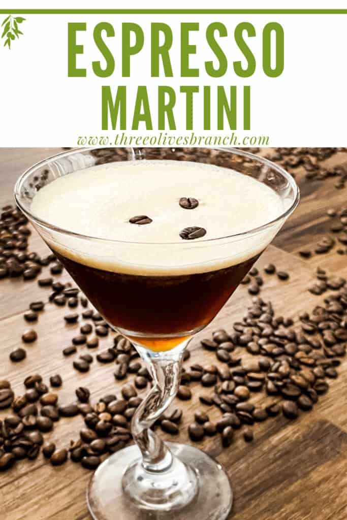 Pin image of an Espresso Martini with beans behind it and title at top