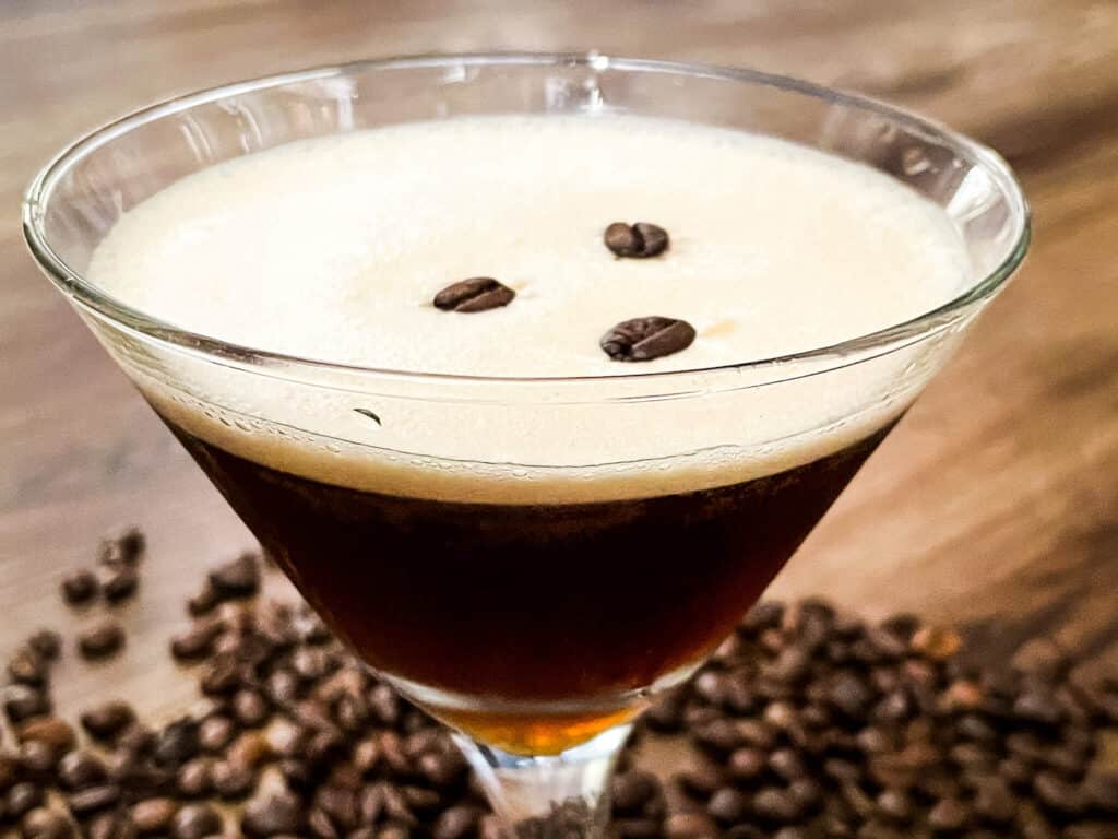 Closer view of an Espresso Martini in the glass