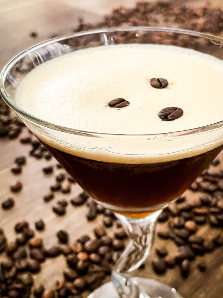 Closer view of the drink with coffee beans