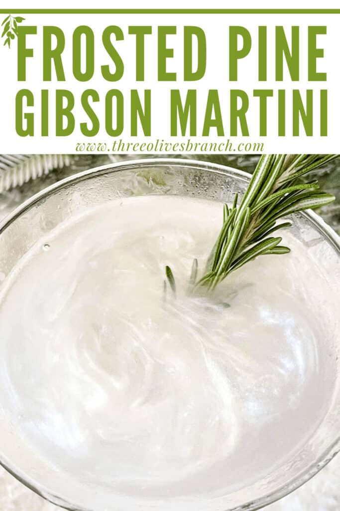 Pin image of Frosted Pine Gibson Martini close up with title at top