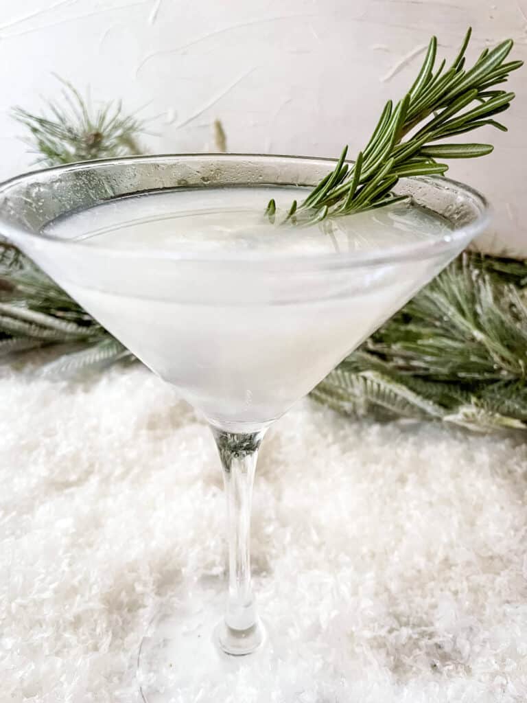 Side view of Frosted Pine Gibson Martini with rosemary in it