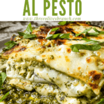 Pin image of Lasagna al Pesto from the side on a plate with title at top