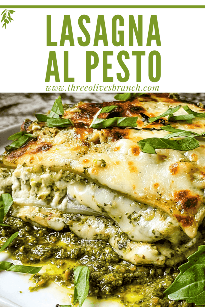 Pin image of Lasagna al Pesto from the side on a plate with title at top
