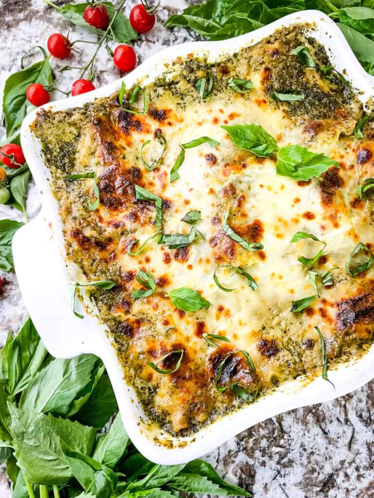 The Lasagna al Pesto baked in a white dish from the top